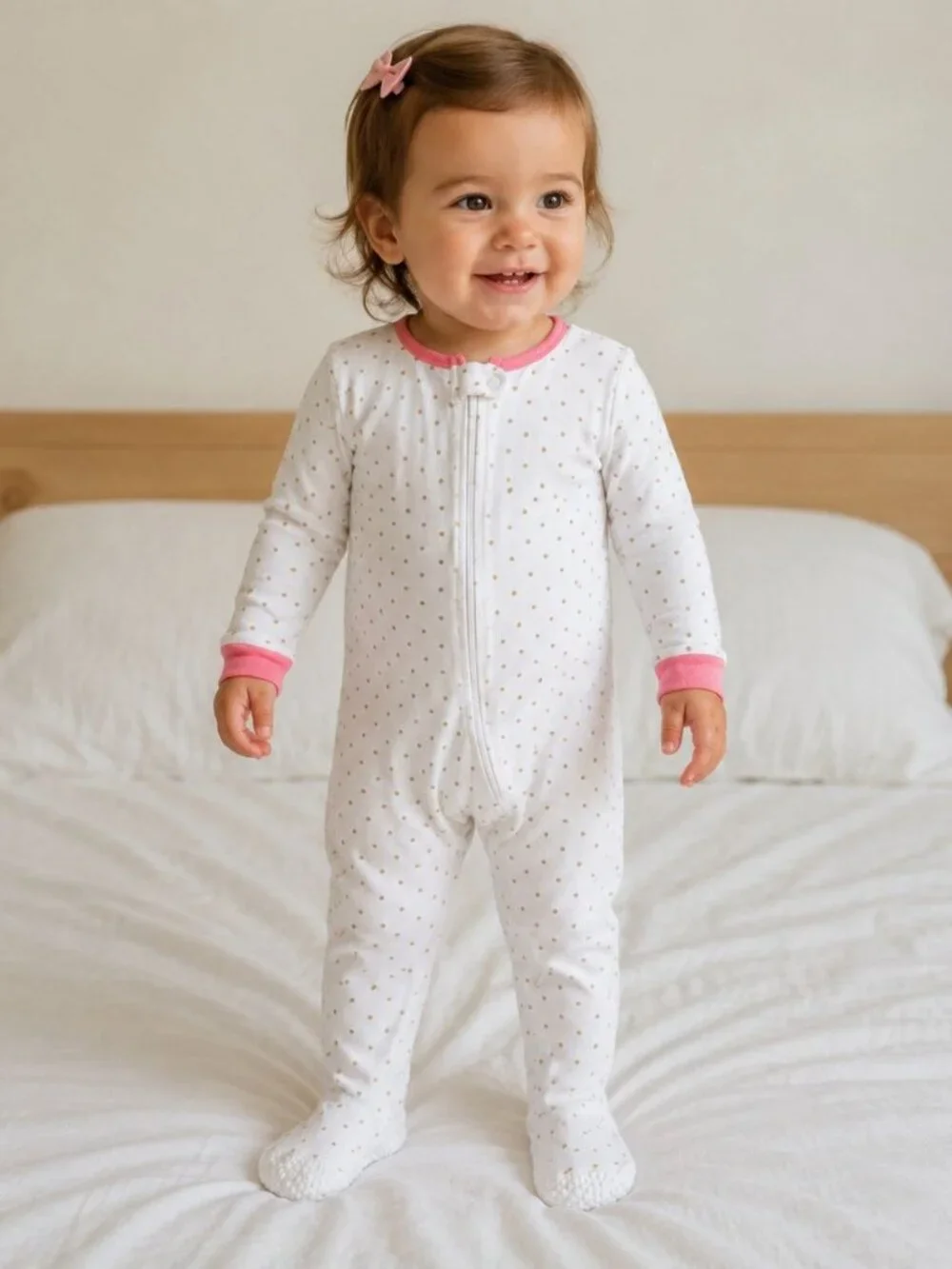 Gerber Baby Girl Footed Sleeper Pajamas 24 Months White Gold Polka Dot 2-Way Zip